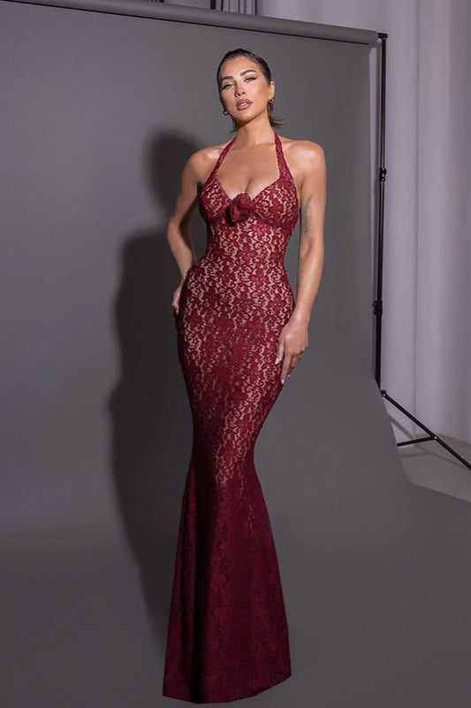 Lace Halter Bodycon Maxi Dress