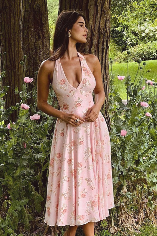 Holiday Pink Flower Print Halter Floral Dress