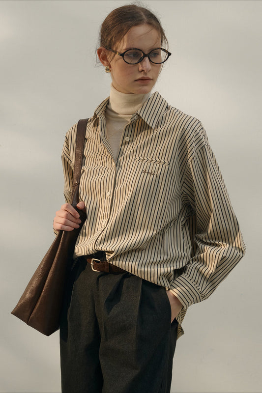 Vintage Color Block Stripe Collar Cotton Blouse