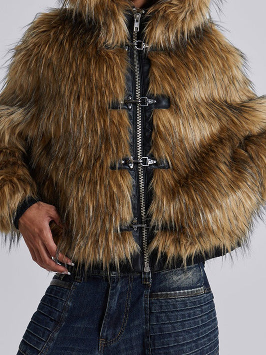 Metal Button Zipper Fur Leather Panel Loose Coat