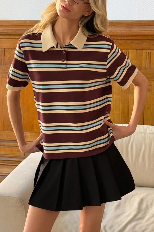 Vintage Color Block Stripe Polo Short Sleeve T-shirt
