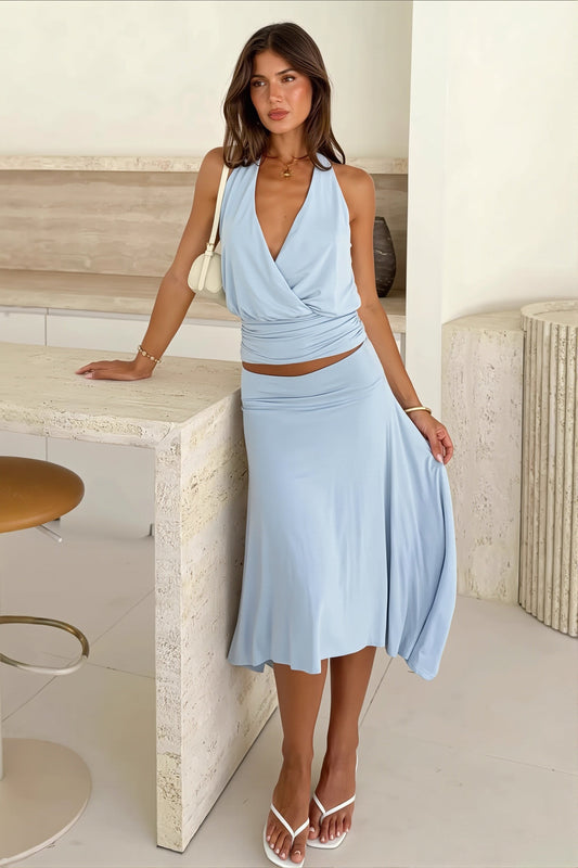 Solid Halter Asym Midi Skirt Set