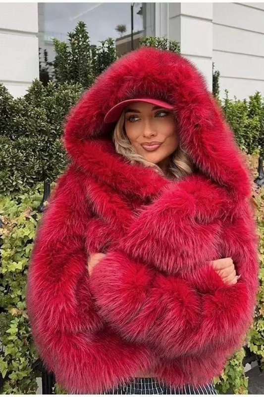 Fur Fox Trim Hooded Thick Warm Chic Christmas Outerwear