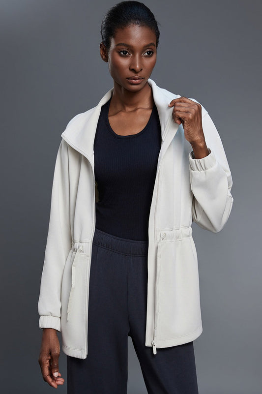 Air Layer Stand Collar Drawstring Waist Mid Length Jacket