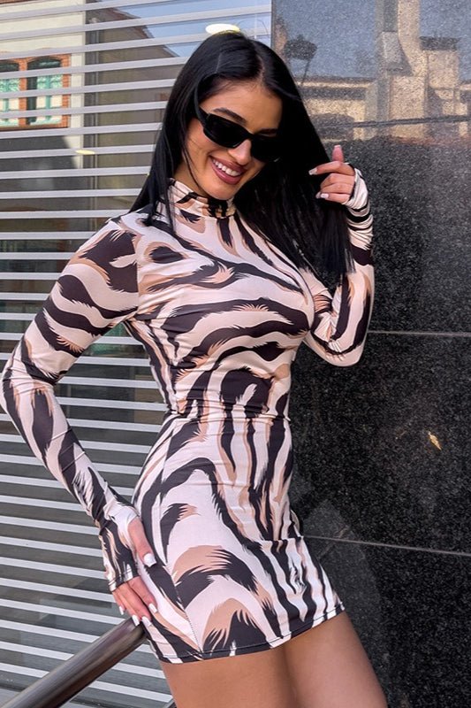 Bodycon Zebra Long Sleeve Print Mini Dress