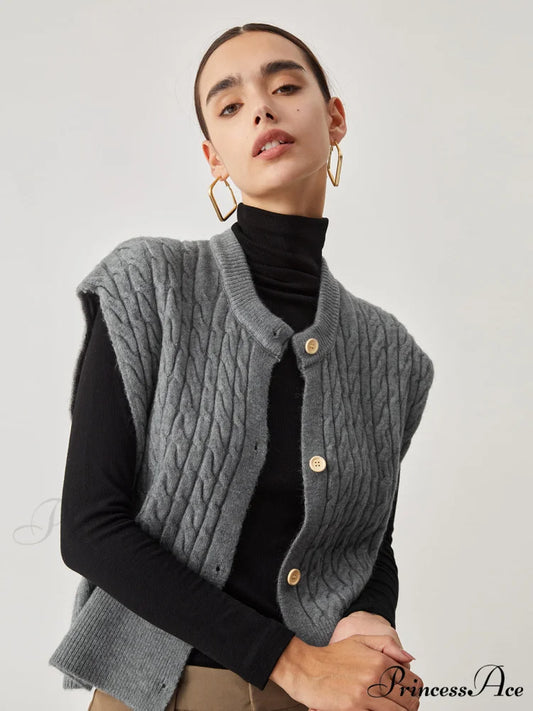 Cable Knit Graceful Button Down Vest Grey / XS