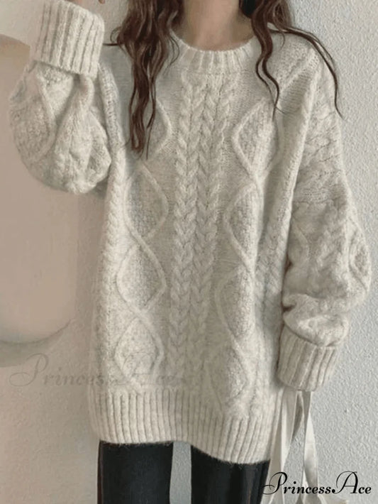 Cable Knit Graceful Cropped Sweater Beige / ONE SIZE