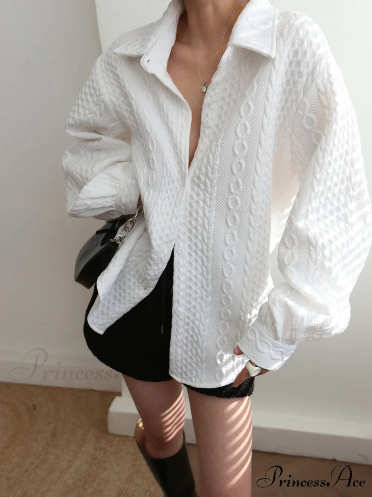 Cable Knit Graceful Oversized Shirt White / XS
