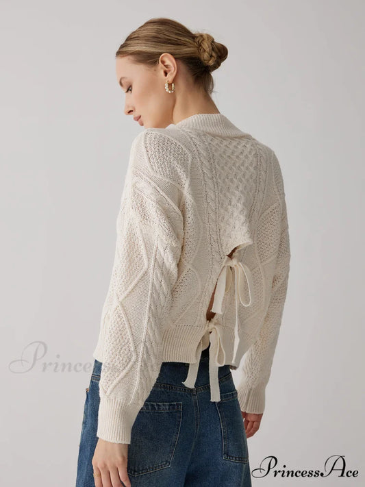 Cable Knit Graceful Tie Back Sweater Beige / S