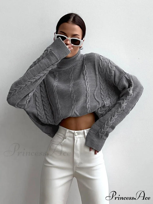 Cable Knit Graceful Turtleneck Oversized Sweater Grey / XS