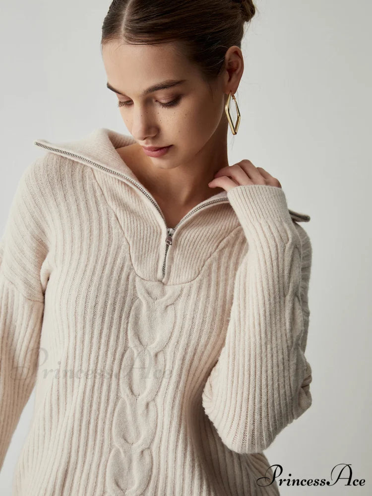 Cable Knit Open Trendy Collar Half Zip Sweater