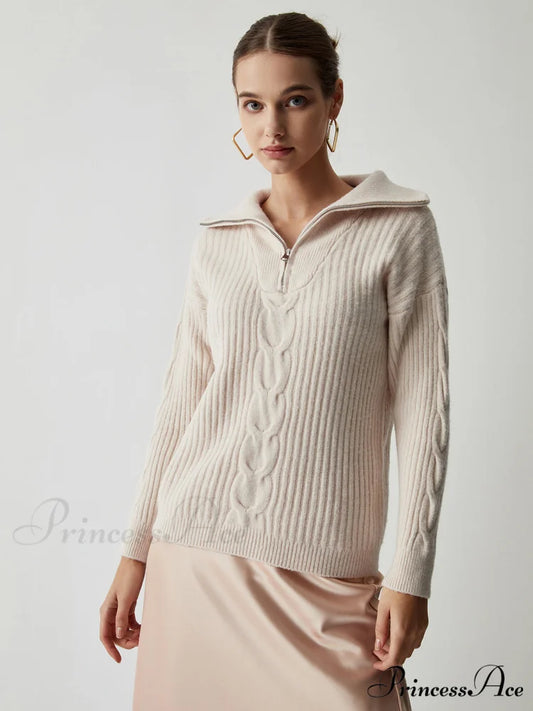Cable Knit Open Trendy Collar Half Zip Sweater Off-White / S