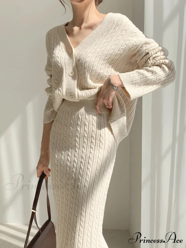 Cable Knit Two Trendy Piece Sweater Skirt Set Apricot / XS