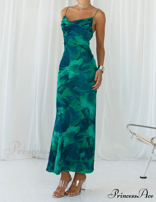 Calista Green Bloom Cowl Graceful Neck Slip Maxi Dress Green / S