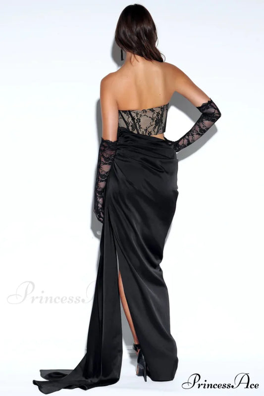 Callie Lace Satin Charming Corset High Slit Gown