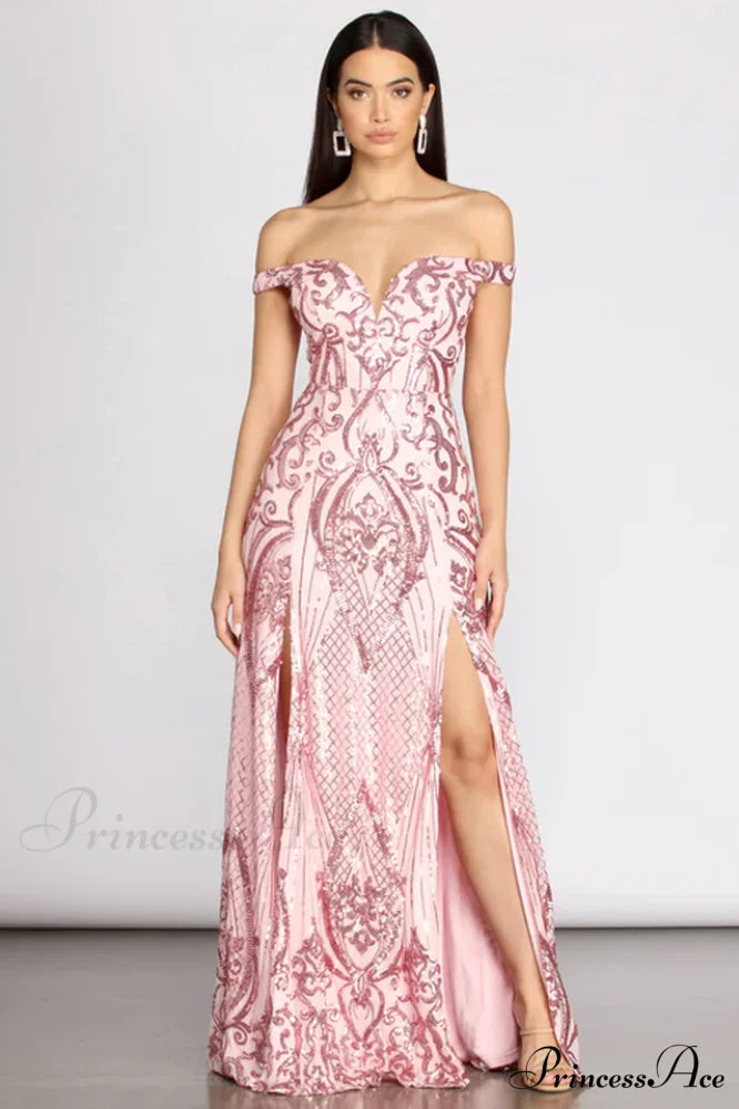 Camilla Sequin Off Charming Shoulder A-Line Dress S / Pink