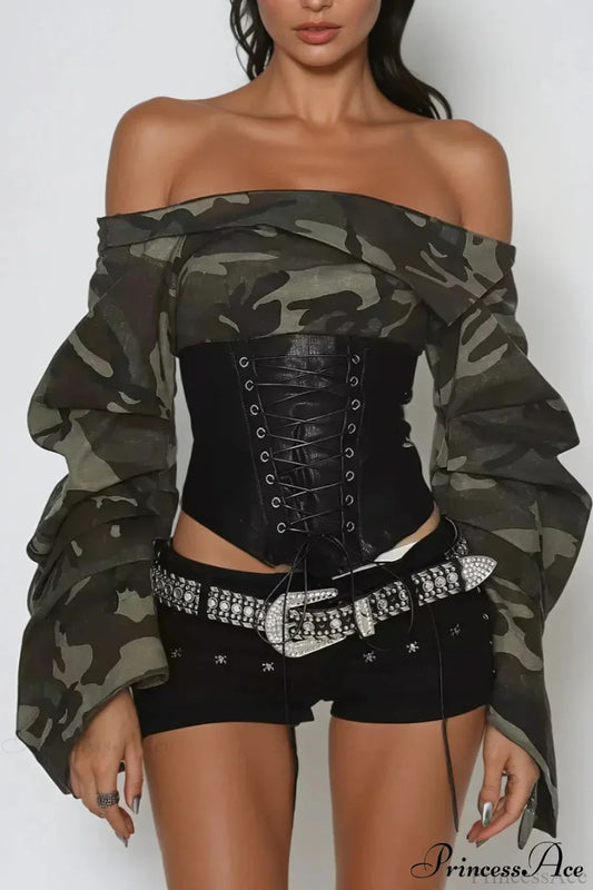 Camo Belted Off Shoulder Long Sleeve Crop Top
