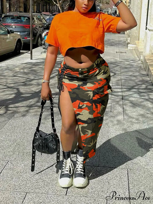 Camo Sequin Red Trendy Lip Jacket Coat Orange / S