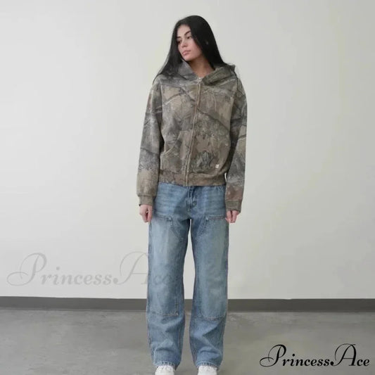 Camouflage Design Zipper Urban Hoodie brown / S hoodies-241228