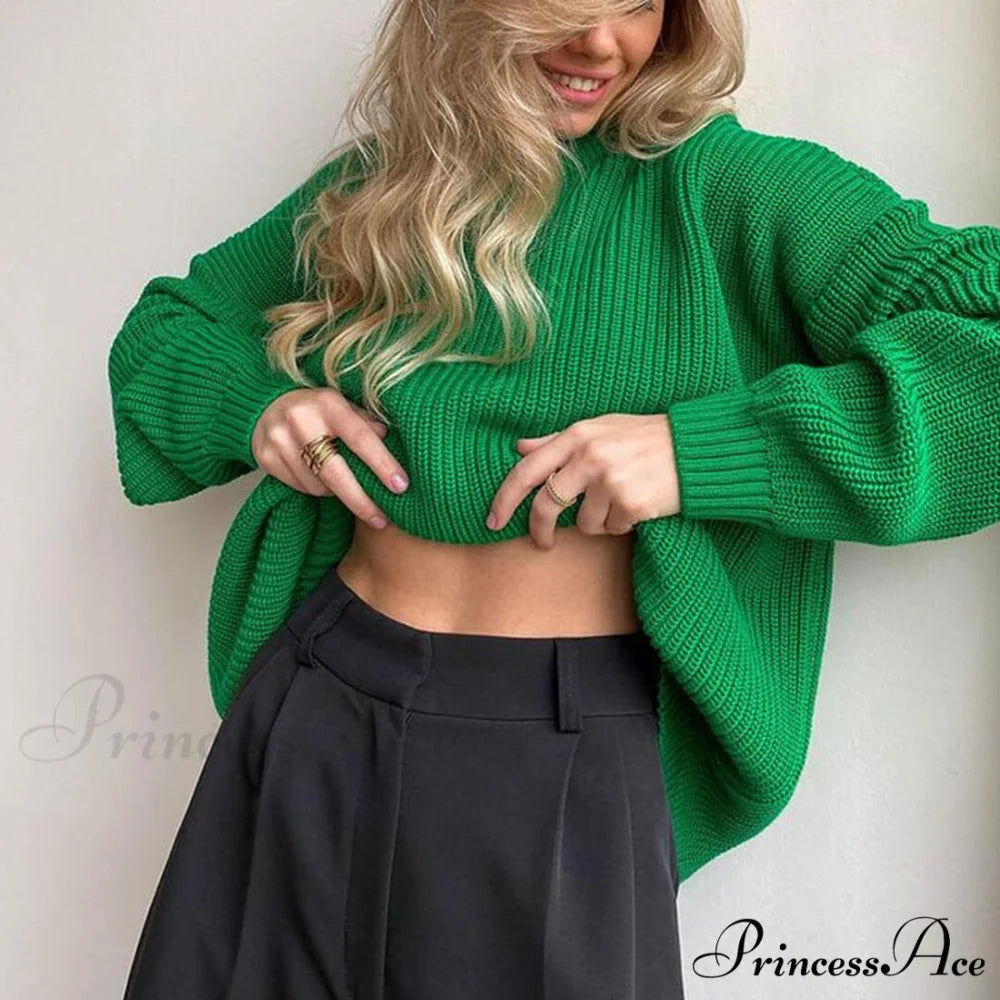 Candy Color Crewneck Trendy Pullover Sweater - Beige L / Green