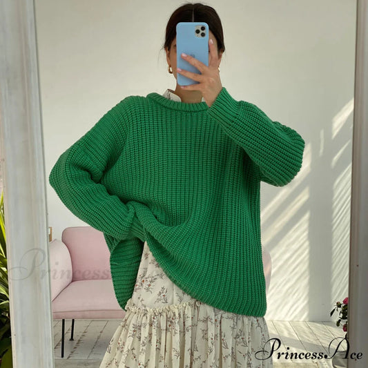 Candy Color Crewneck Trendy Pullover Sweater - Beige M / Green