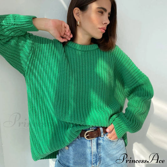 Candy Color Crewneck Trendy Pullover Sweater - Beige S / Green