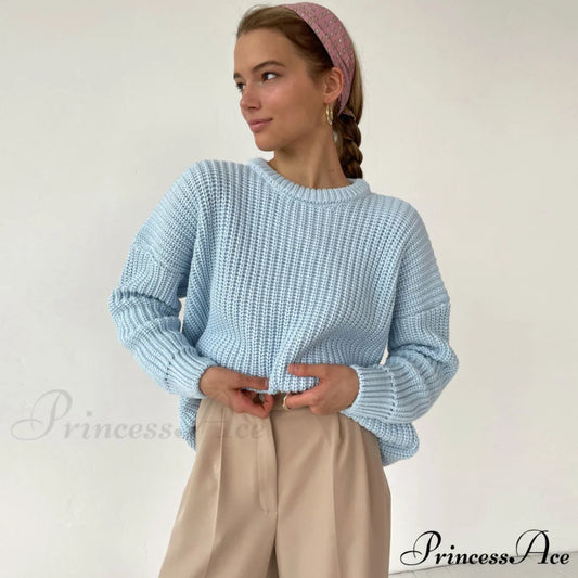 Candy Color Crewneck Trendy Pullover Sweater - Green S / Light Blue