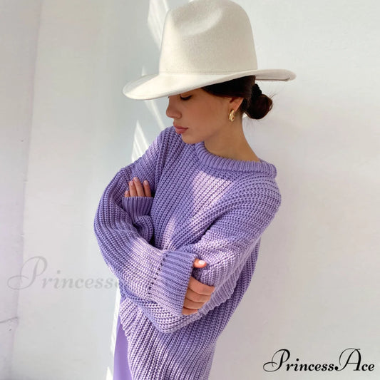 Candy Color Crewneck Trendy Pullover Sweater - Orange M / Purple