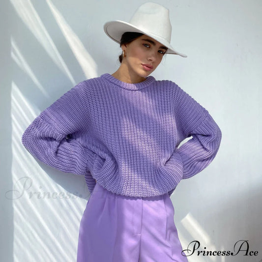 Candy Color Crewneck Trendy Pullover Sweater - Orange S / Purple