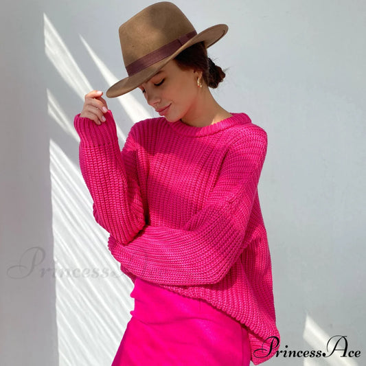 Candy Color Crewneck Trendy Pullover Sweater - Purple S / Rose