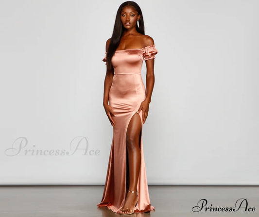 Capri Formal High Charming Slit Satin Dress ROSE GOLD / XS