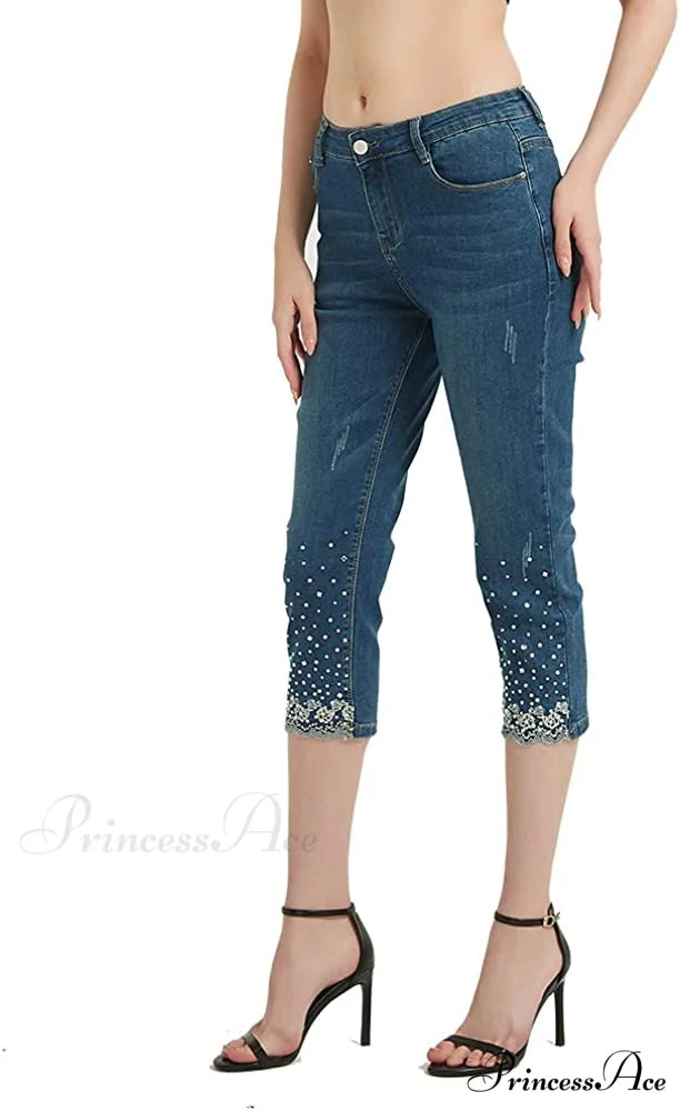 Capri Jeans Embroidered Stretch Mid-Rise Skinny Cropped Denim Capris