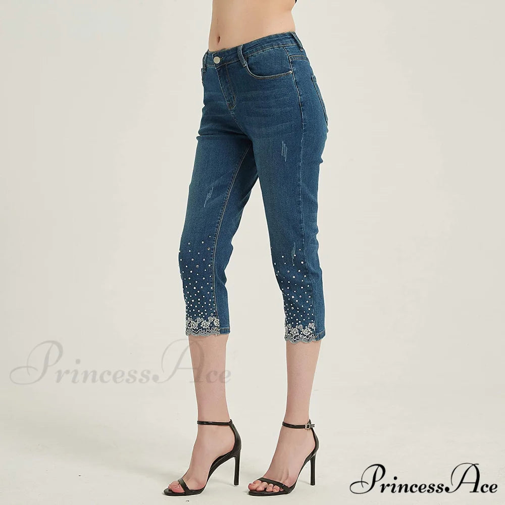 Capri Jeans Embroidered Stretch Mid-Rise Skinny Cropped Denim Capris