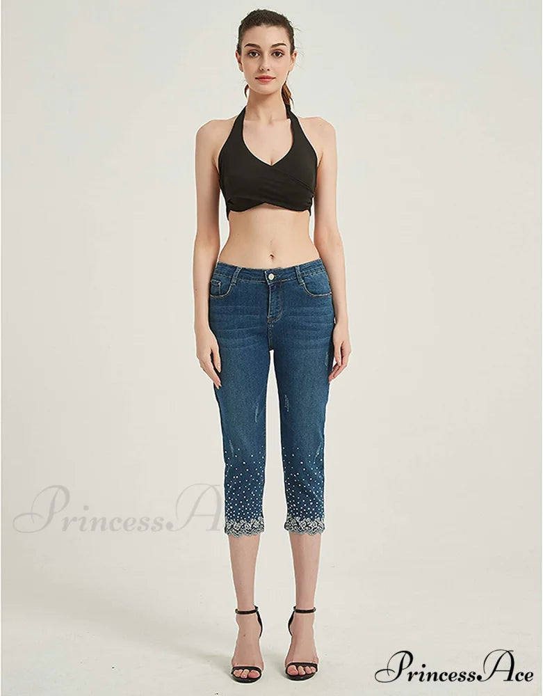 Capri Jeans Embroidered Stretch Mid-Rise Skinny Cropped Denim Capris