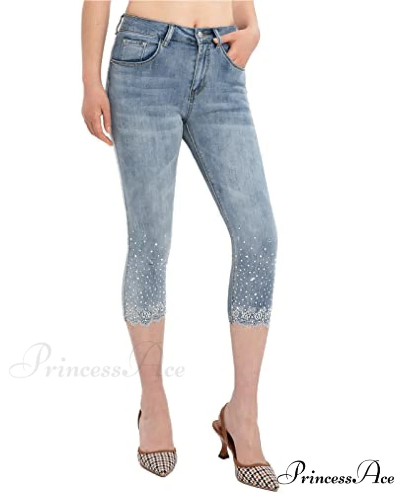 Capri Jeans Embroidered Stretch Mid-Rise Skinny Cropped Denim Capris