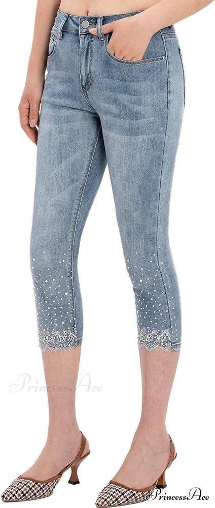 Capri Jeans Embroidered Stretch Mid-Rise Skinny Cropped Denim Capris
