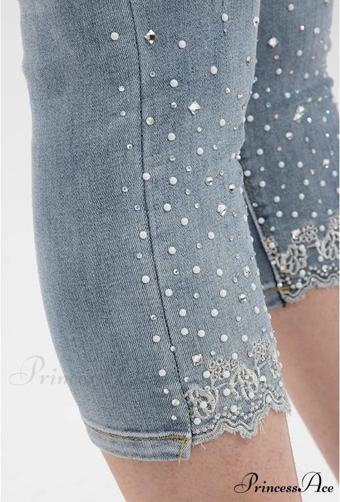 Capri Jeans Embroidered Stretch Mid-Rise Skinny Cropped Denim Capris