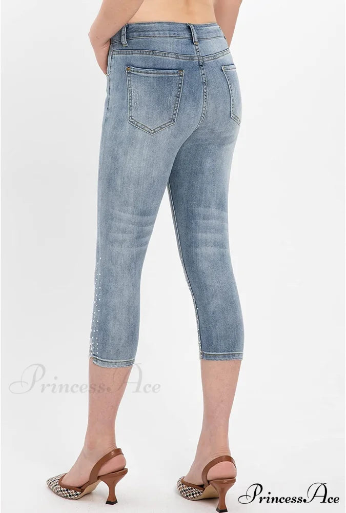 Capri Jeans Embroidered Stretch Mid-Rise Skinny Cropped Denim Capris