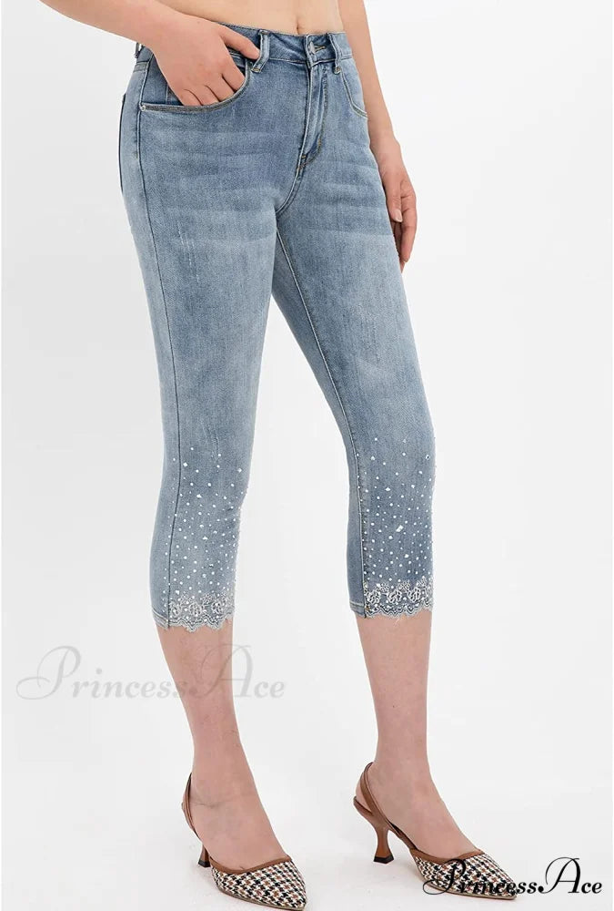 Capri Jeans Embroidered Stretch Mid-Rise Skinny Cropped Denim Capris