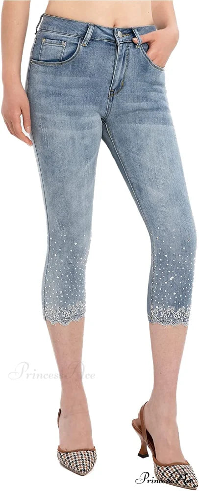 Capri Jeans Embroidered Stretch Mid-Rise Skinny Cropped Denim Capris Blue / 12