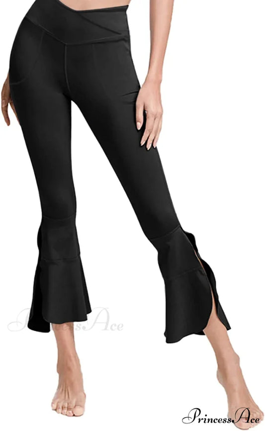 Capri Yoga Pants Cross High Waisted Cropped Slit Flared Ruffle Bottom