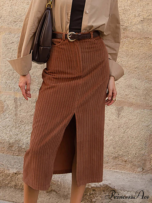 Caramel Corduroy Graceful Slit Midi Skirt Brown / XS