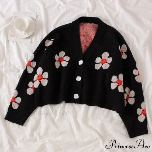 Cardigan Style Doat Retro Design Knitted College V-neck Spring Loose Green Light Flower Sweater Blouse One Size / black