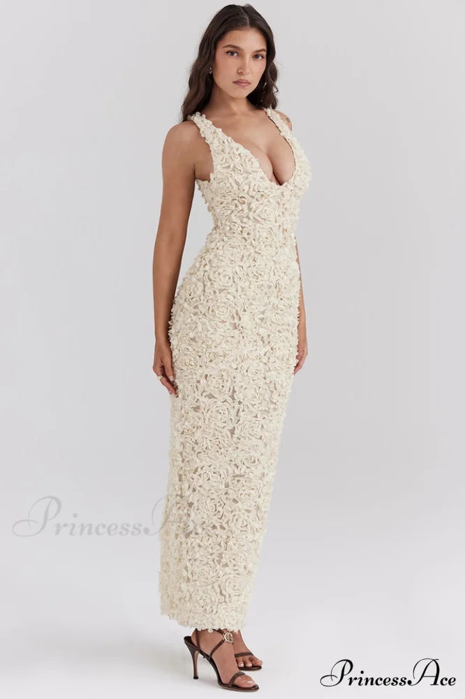 Carena Plunge Floral Charming Applique Maxi Dress