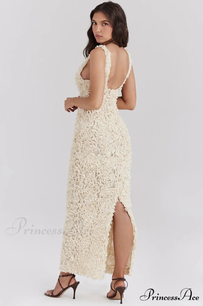 Carena Plunge Floral Charming Applique Maxi Dress