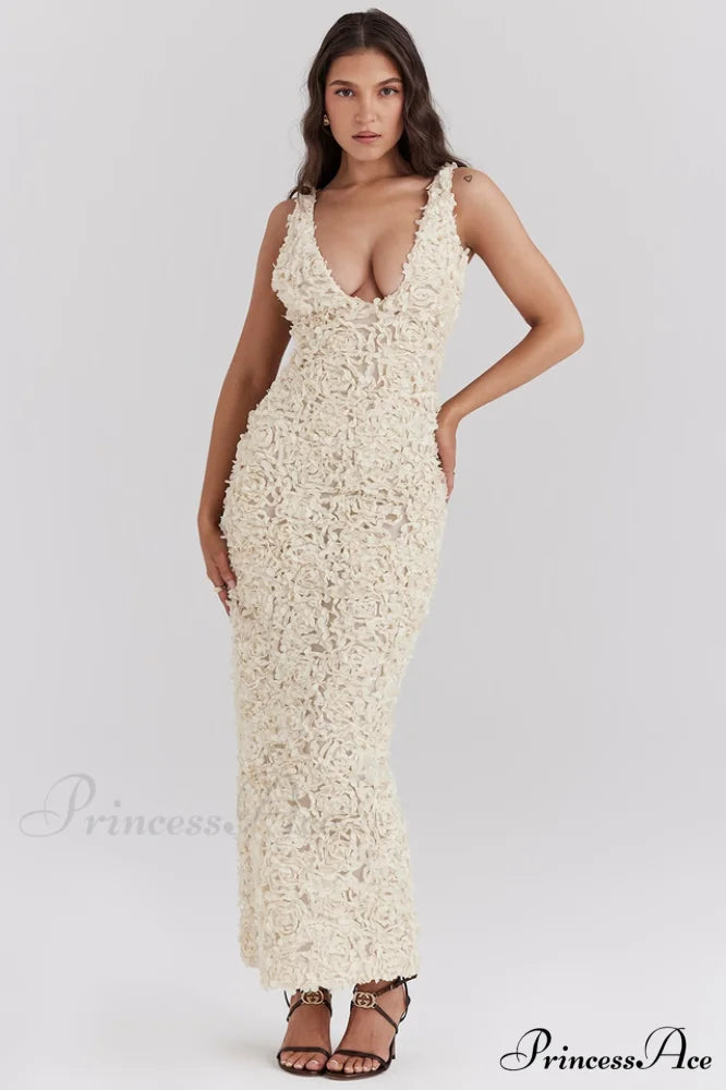 Carena Plunge Floral Charming Applique Maxi Dress XS / Cream