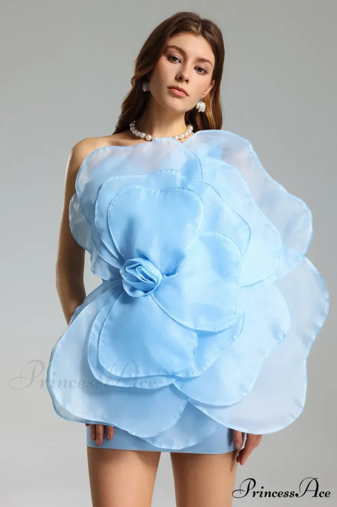 Carina One Shoulder Charming 3D Floral Dress S / Blue