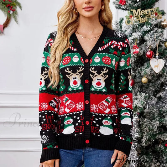 Cartoon Deer Snowman Christmas Cardigan Black / S