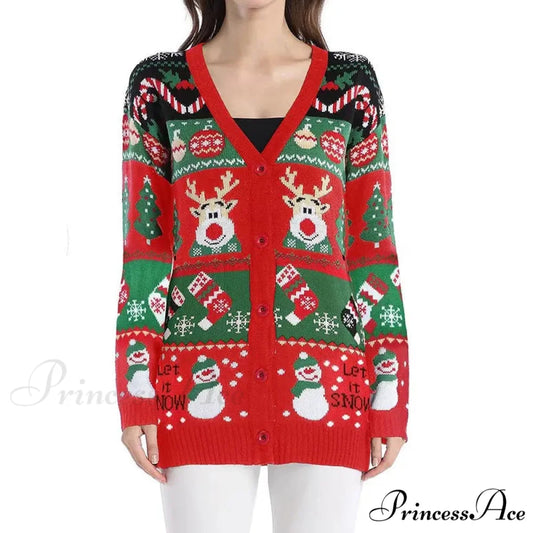 Cartoon Deer Snowman Christmas Cardigan Red / S