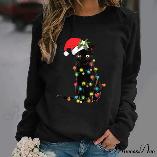 Cartoon Red Hat Black Cat Casual Long-Sleeved Crewneck Christmas Hoodie Black / S Christmas Hoodies-L